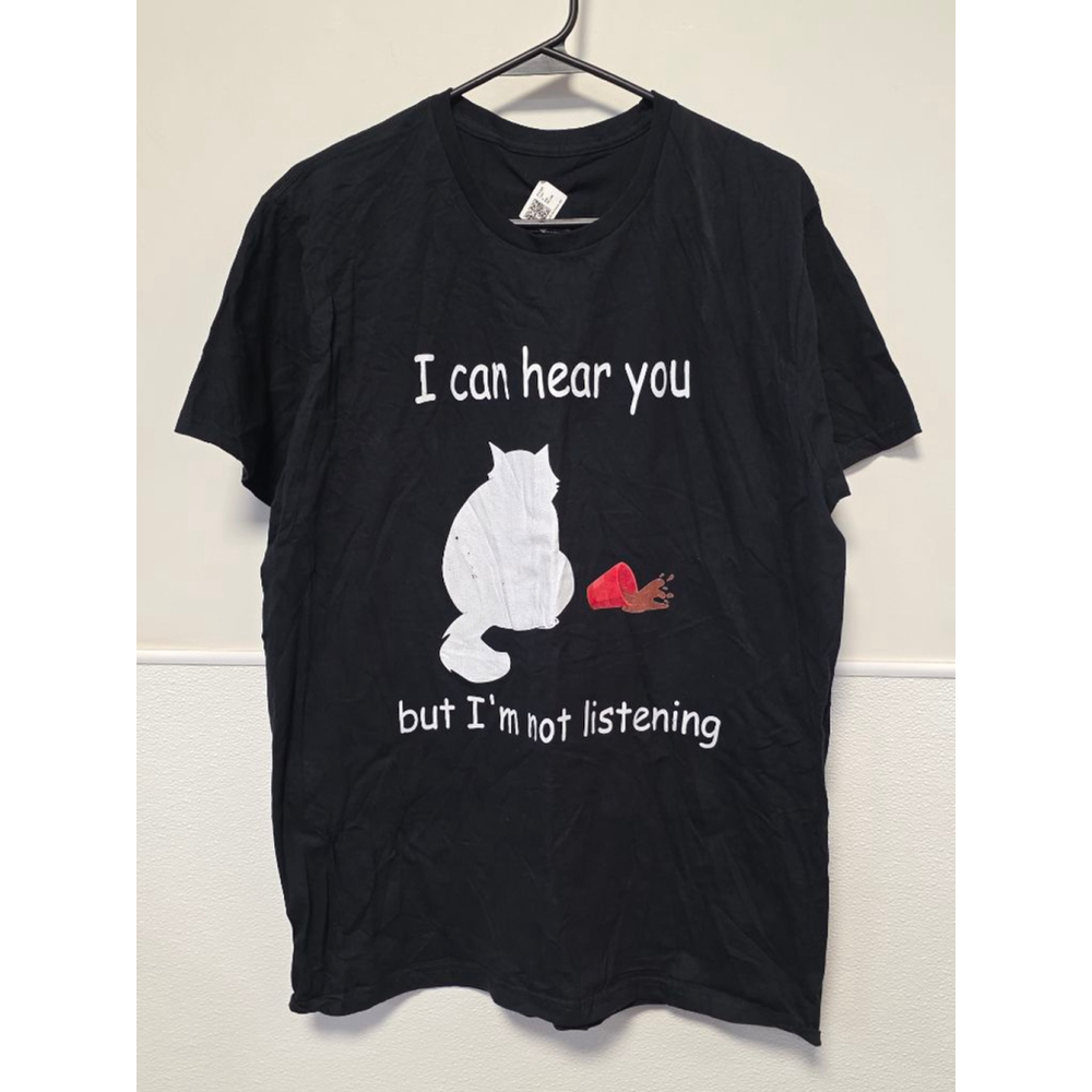 Men's Gildan Black White Cat Graphic Short Sleeve‎ Tee Size L